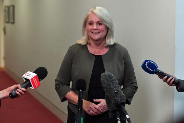 Member for Macpherson Karen Andrews speaks to media during a doorstop in the Press Gallery at Parliament House on March 23, 2021, in Canberra, Australia. (Sam Mooy/Getty Images)