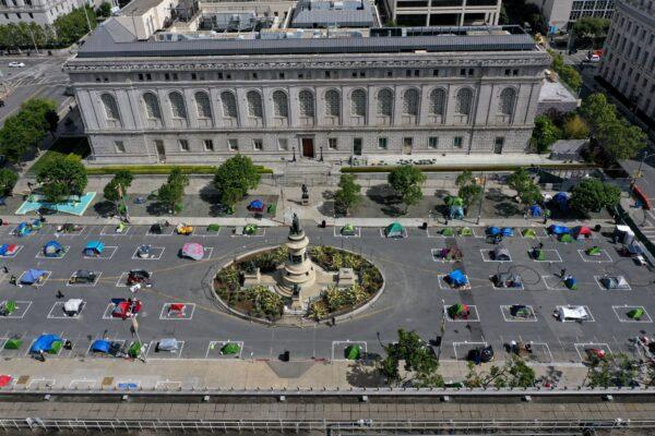 An aerial view of San Francisco's first temporary sanctioned tent encampment for the homeless in San Francisco, Calif., on May 18, 2020. (Justin Sullivan/Getty Images)