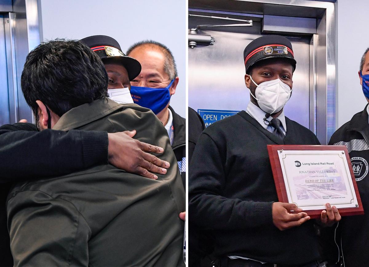 (L) Yellowday hugged jeweler Ed Eleasian; (R) LIRR Assistant Conductor Jonathan Yellowday. (Courtesy of Marc A. Hermann/<a href="https://new.mta.info/press-release/lirr-conductor-reunites-customer-107k-worth-of-missing-jewelry-left-train">MTA</a>)