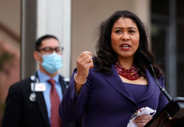San Francisco Mayor London Breed speaks during a news conference outside of Zuckerberg San Francisco General Hospital in San Francisco, Calif., on March 17, 2021. (Justin Sullivan/Getty Images)