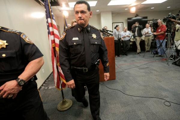 Harris County Sheriff Ed Gonzalez leaves a press conference, in Houston, Texas, on June 8, 2017. (Elizabeth Conley/Houston Chronicle via AP File)