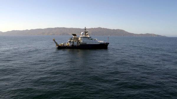 In this March 2021 image provided by Scripps Institution of Oceanography at UC San Diego, the research Vessel Sally Ride is seen off the coast of Santa Catalina Island, Calif. (Scripps Institution of Oceanography at UC San Diego via AP)