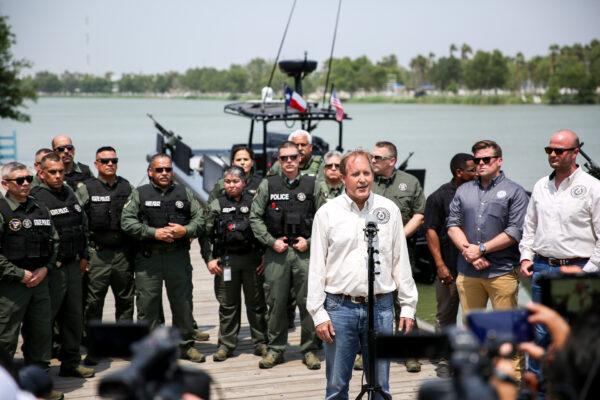 Texas Attorney General Ken Paxton at a press conference in Anzalduas Park near McAllen, Texas, on April 28, 2021. (Charlotte Cuthbertson/The Epoch Times)
