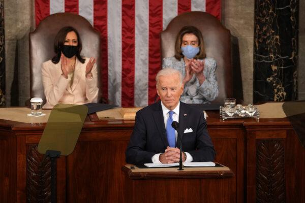 President Joe Biden delivers an address to a joint session of Congress at the Capitol in Washington, on April 28, 2021. (Doug Mills/Pool/Getty Images)