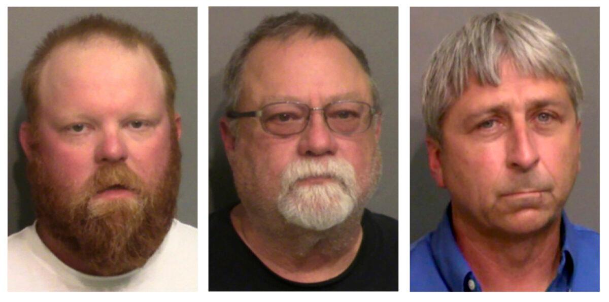 This combo of booking photos provided by the Glynn County, Ga., Detention Center, shows from left, Travis McMichael, his father Gregory McMichael, and William "Roddie" Bryan Jr. (Glynn County Detention Center via AP)