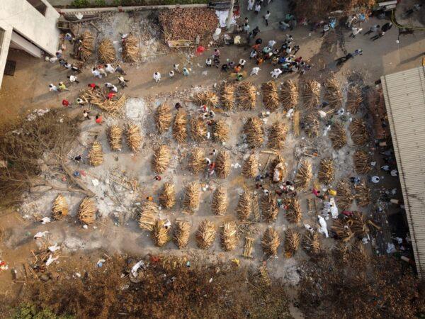 In this Picture taken with a drone, the grounds are prepared for mass cremation of coronavirus disease (COVID-19) victims in New Delhi, India, on April 28, 2021. (Danish Siddiqui/Reuters)