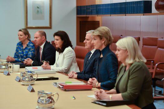 Environment Minister Sussan Ley, Treasurer Josh Frydenberg, Superannuation Minister Jane Hume, Deputy PM Michael McCormack, Employment Minister Michaelia Cash, and Home Affairs Minister Karen Andrews at the Cabinet Women's Task Force Meeting at Parliament House in Canberra, Australia, April 6, 2021. (Mick Tsikas/AAP Image)