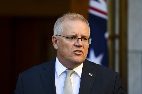 Australian Prime Minister Scott Morrison speaks to the media during a press conference following a national cabinet meeting at Parliament House in Canberra, Australia, on April 22, 2021. (AAP Image/Lukas Coch)
