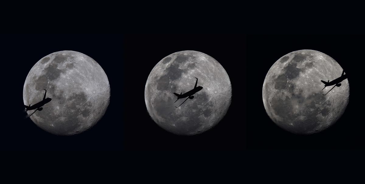 An easyJet plane crosses the moon in Lisburn, Northern Ireland. (SWNS)