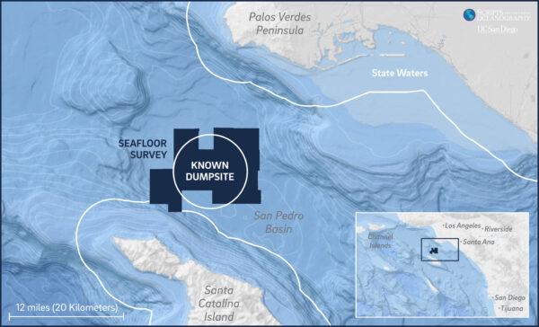 The seafloor survey covered 36,000 acres in the San Pedro Basin. The known dumpsite is roughly 12 miles offshore Palos Verdes, and eight miles from Santa Catalina Island. (Courtesy of Scripps Institution of Oceanography at UC San Diego)