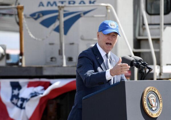 President Joe Biden delivers remarks at an event marking Amtrak's 50th anniversary at the William H. Gray III 30th Street Station in Philadelphia, Pa., on April 30, 2021. (Olivier Douliery/AFP via Getty Images)