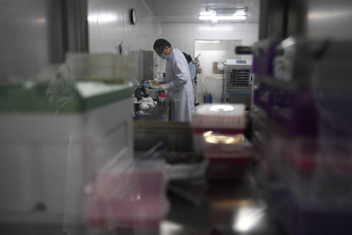 Technicians in a research and development lab at Chinese biotech company Coyote, which developed the Flash 20, a fast test for the COVID-19 coronavirus in Beijing on Sept. 27, 2020. (Greg Baker/AFP via Getty Images)