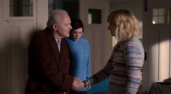 (L–R) Anthony Hopkins, Olivia Colman, and Imogen Poots, in “The Father.” (Sony Pictures Classics)