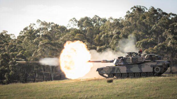 A supplied photograph of an Australian Army M1A1 Abrams tank firing at targets during Exercise Chong Ju at Puckapunyal training area, Victoria, Australia on May 17, 2018. (AAP Image/Supplied by Australian Department of Defence)