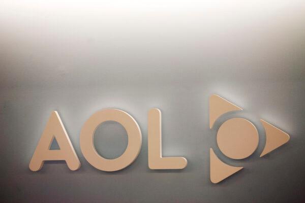 The AOL logo is shown on a wall of the company's New York office, on May 12, 2008. (Mark Lennihan/AP Photo)