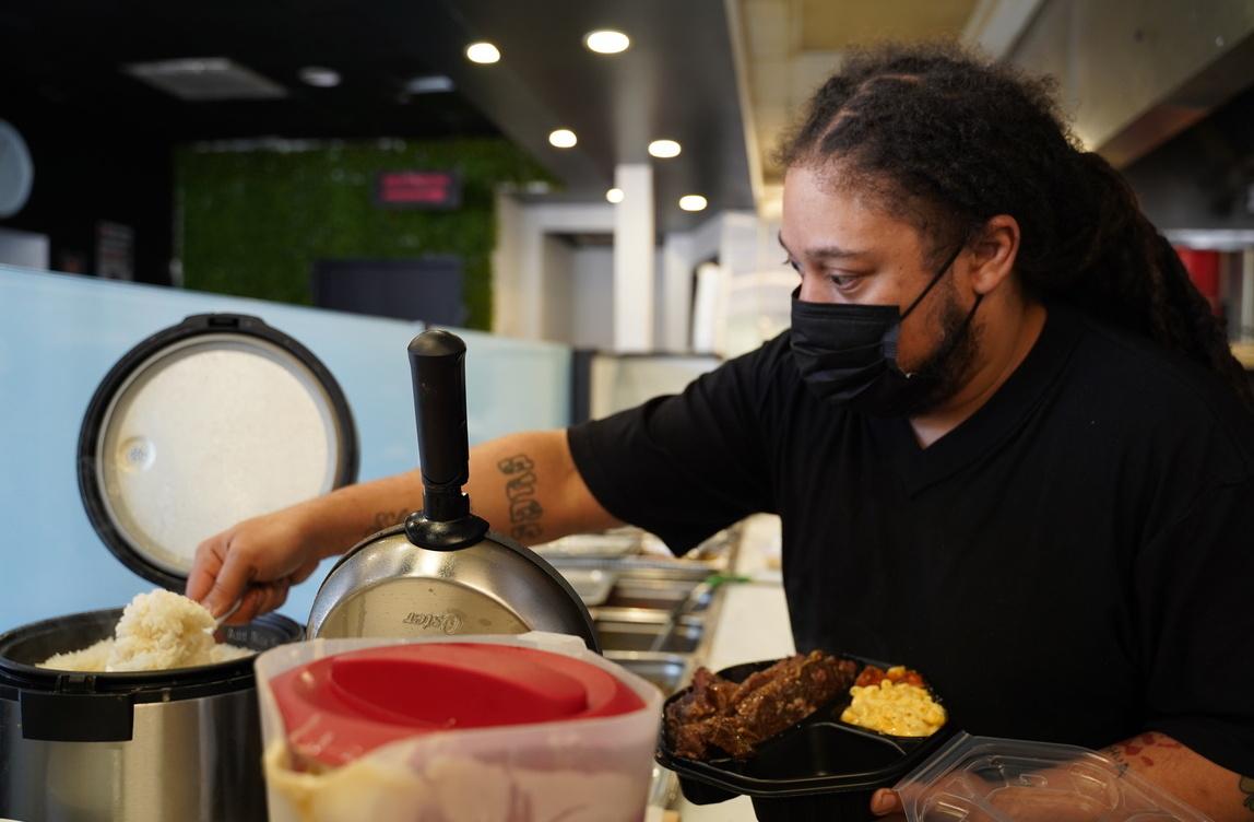 Marty Cunningham, a cook at the Soul Shack restaurant in Chicago, on April 30, 2021. (Cara Ding/The Epoch Times)