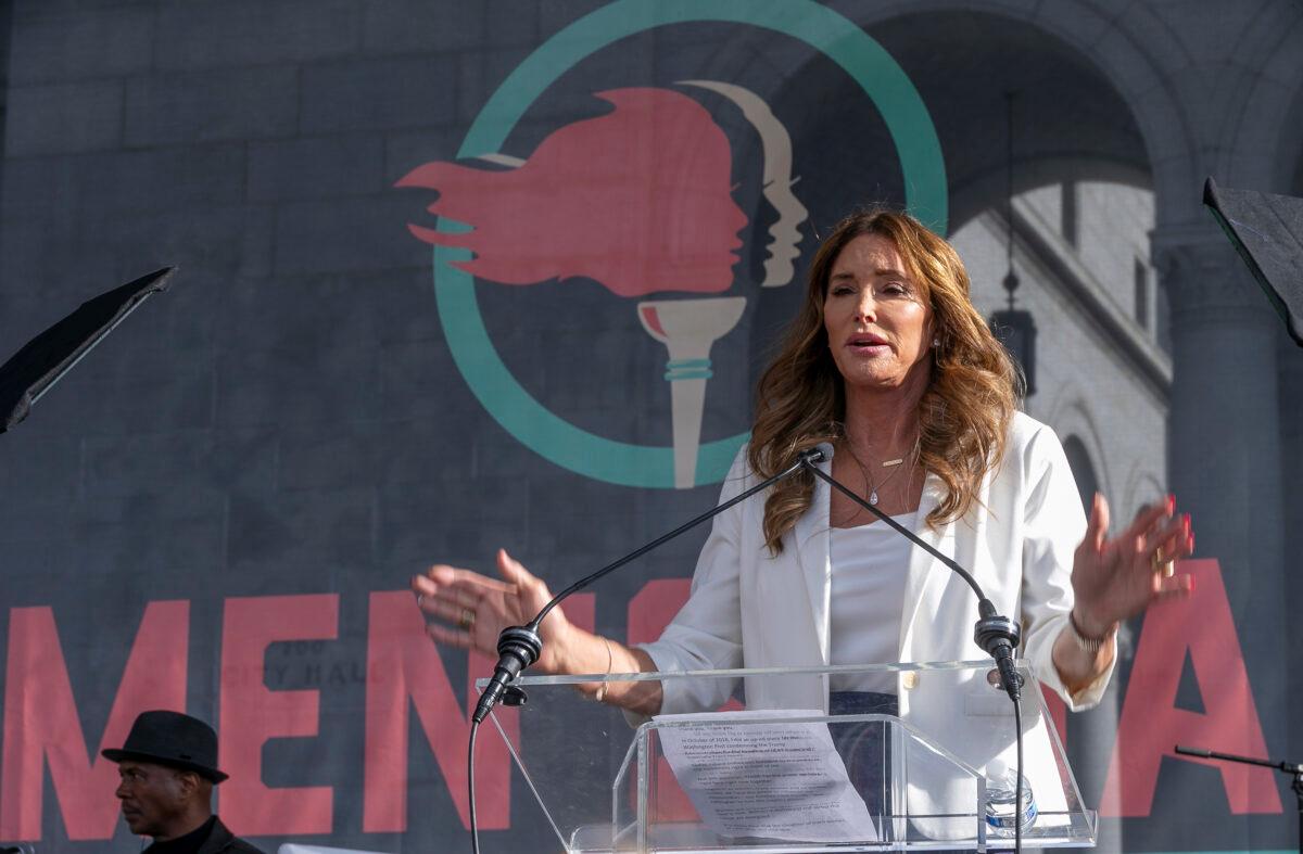 Caitlyn Jenner speaks at the fourth Women's March in Los Angeles on Jan. 18, 2020. (Damian Dovarganes/AP Photo)