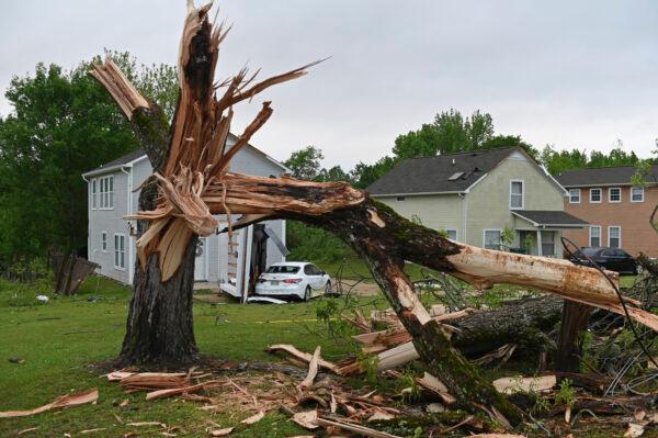 A downed tree and damaged homes are seen along Elvis Presley Drive in Tupelo, Miss., on May 3, 2021. (Thomas Graning/AP Photo)