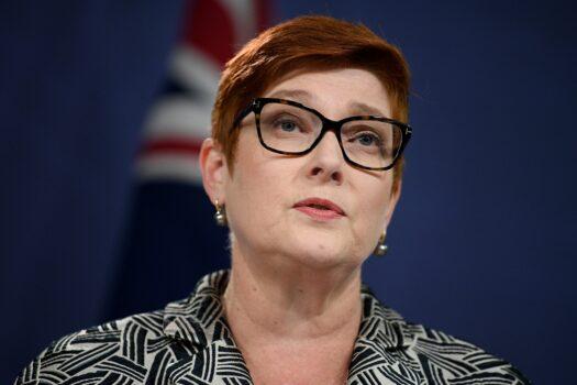 Foreign Minister Marise Payne, along with Prime Minister Scott Morrison, addresses media during a press conference in Sydney, Australia, on April 27, 2021. (AAP Image/Dan Himbrechts)