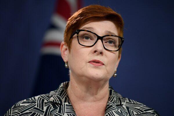 Foreign Minister Marise Payne along with Prime Minister Scott Morrison addresses media during a press conference in Sydney, Australia on April 27, 2021. (AAP Image/Dan Himbrechts)