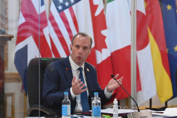 Britain's Foreign Secretary Dominic Raab, addresses G-7 foreign minister, while being socially distanced as they meet in London, during talks at the G-7 Foreign and Development Ministers meeting, on May 4, 2021. (Stefan Rousseau/Pool via AP)