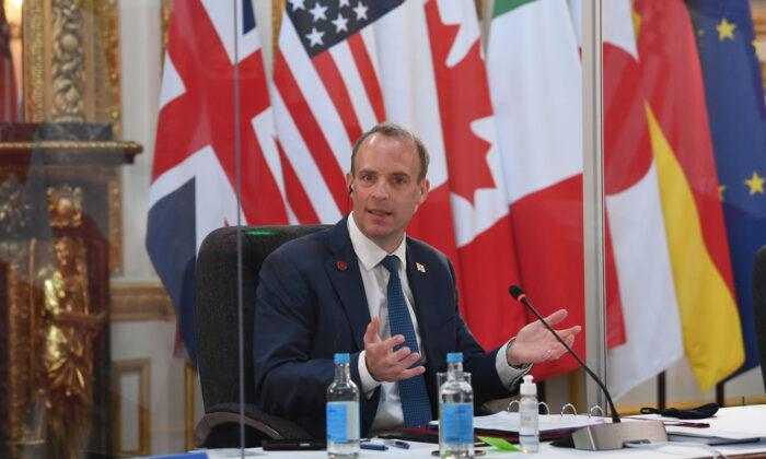 Foreign Secretary Dominic Raab speaks at the G-7 Foreign and Development Ministers meeting at Lancaster House in London on May 4, 2021. (PA)