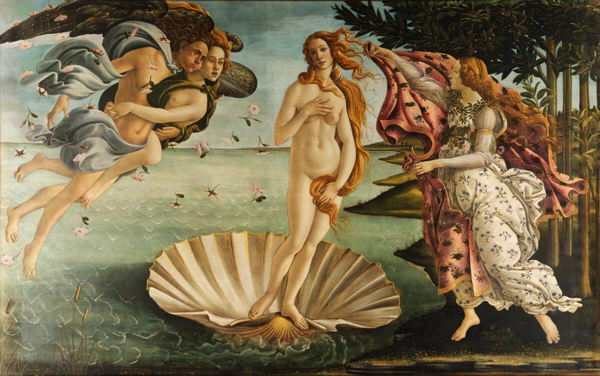 "The Birth of Venus," circa 1485, by Sandro Botticelli. Tempera and plaster on canvas.<br/>Uffizi Gallery, Florence. (Public Domain)