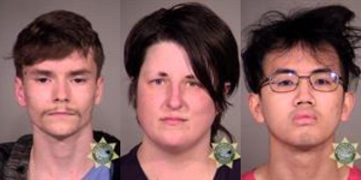 From left to right, Jeremiah Day, Phoebe Loomis, and Quang Nguyen are seen in mugshots. (Multnomah County Sheriff's Office)