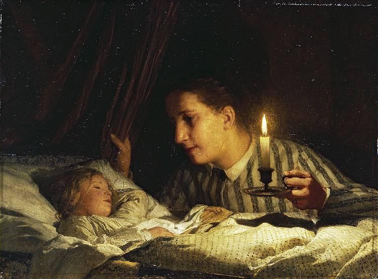 "Young Mother Contemplating Her Sleeping Child in Candlelight" by Albert Anker, 1875. (Public domain)