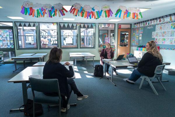 Grade 2 teachers participate in a meeting in preparation for opening next week at Lysterfield Primary School on May 22, 2020 in Melbourne, Australia. (Daniel Pockett/Getty Images)