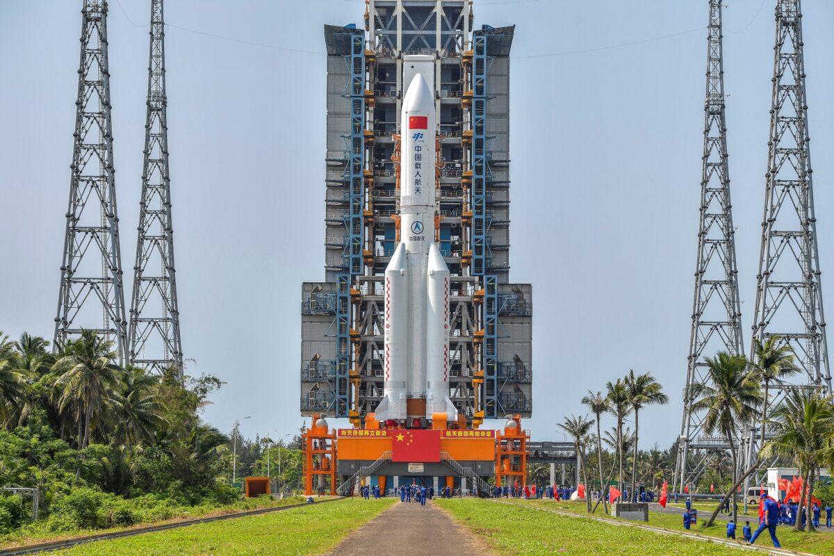 A Long March 5B rocket, which is expected to launch China's Tianhe space station core module on April 29, 2021, at the Wenchang Spacecraft Launch Site in southern China's Hainan Province on April 23, 2021. (STR/China News Service/AFP via Getty Images)