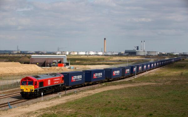 A freight train transporting containers laden with goods from the UK, departs from DP World London Gateway's rail freight depot in Corringham, east of London, on April 10, 2017. (ISABEL INFANTES/AFP via Getty Images)