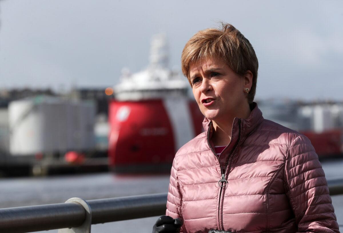 Scottish First Minister Nicola Sturgeon visits Pocra Quay as she campaigns for the parliamentary elections in Aberdeen, Scotland, on May 5, 2021. (Russell Cheyne-WPA Pool/Getty Images)