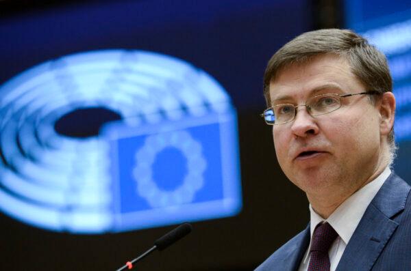 European Commission Vice-President Valdis Dombrovskis speaks during a plenary session at the European Parliament in Brussels on March 10, 2021. (Johanna Geron/Pool/AFP via Getty Images)