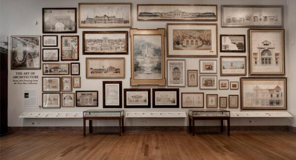 The architectural drawings in the exhibition "The Art of Architecture: Beaux-Arts Drawings From the Peter May Collection," at the New-York Historical Society, are hung in the salon style. (New-York Historical Society)