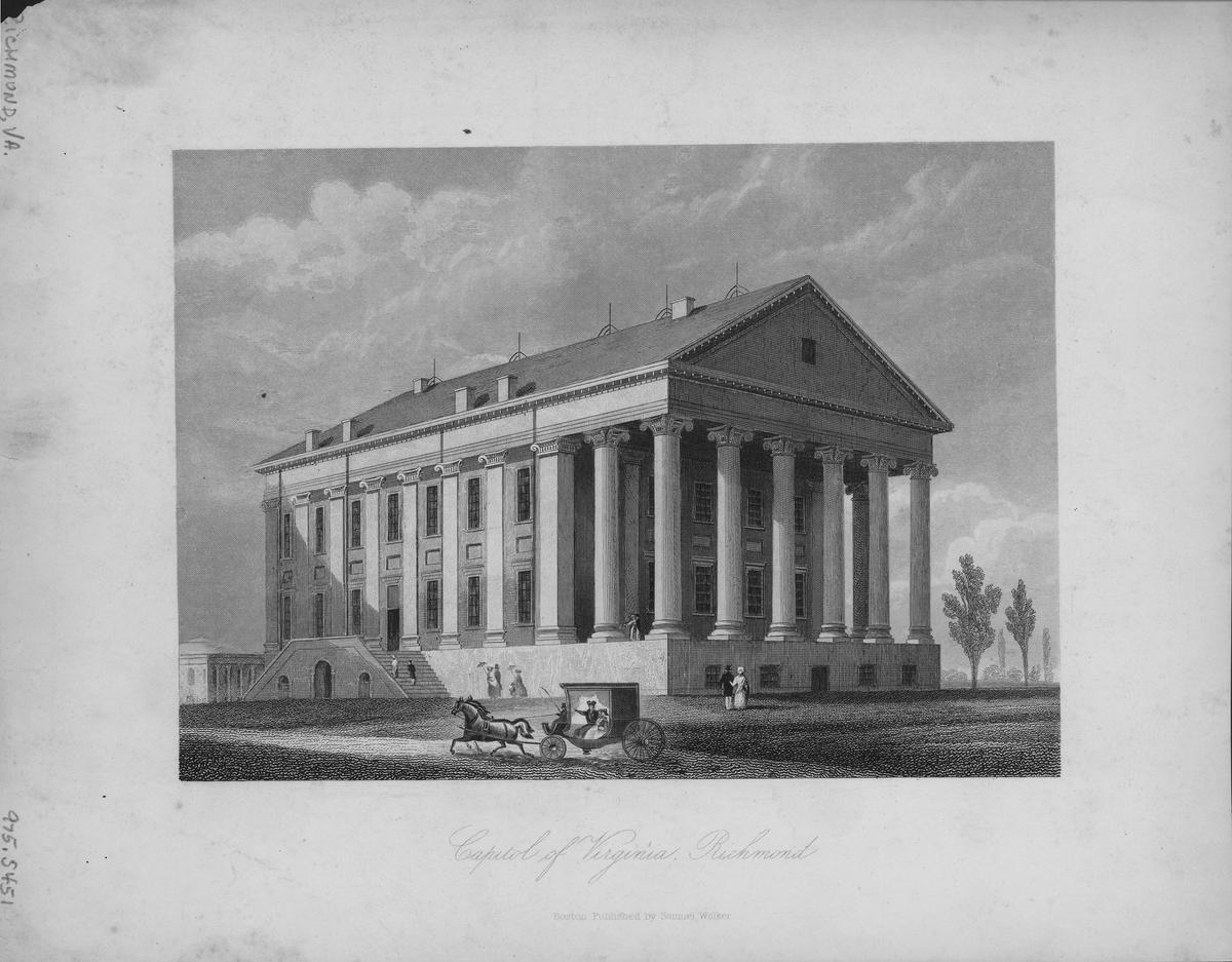 An engraving of the Virginia State Capitol building, circa 1790–1800. (Archive Photos/Getty Images)