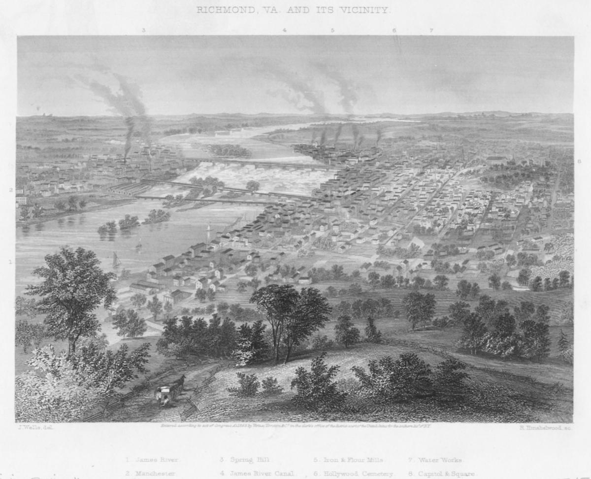 Engraved view of the city of Richmond, including the James River, Spring Hill and the Capitol, circa 1863. (Archive Photos/Getty Images)