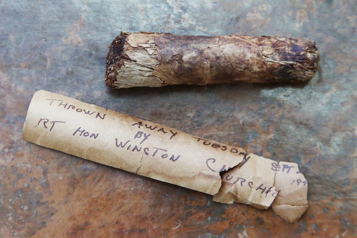 A cigar butt discarded by Sir Winston Churchill that is being put up for auction at Bellmans, in Wisborough Green, West Sussex, UK, on May 7, 2021. (PA Image)