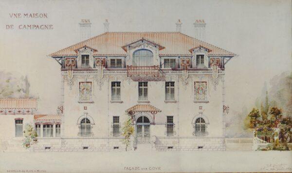 Diploma drawing for a country house and estate: elevation, 1900, by Jacques Maurice Prévot. Pencil, ink, and watercolor; 19 inches by 321/2 inches. Peter May Collection. (Courtesy of Peter May)