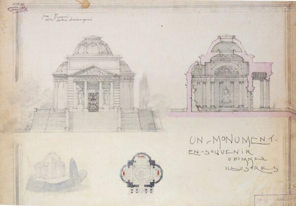 Admission drawing of a pantheon. clockwise from top left: elevation, cross-section, plan, and perspective, 1903, by Jean Béraud. Pencil, ink, and watercolor; 161/2 inches by 24 inches. Peter May Collection. (Courtesy of Peter May)