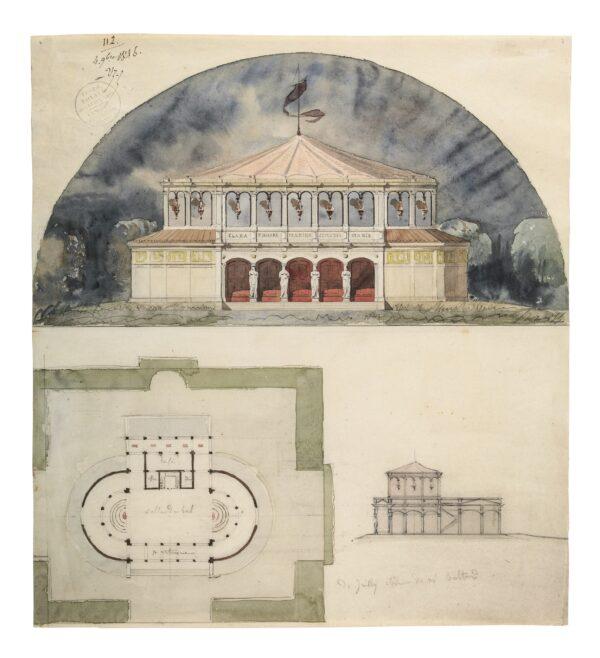 Twelve-hour assignment for a garden ballroom: elevation, plan, and cross-section, 1846, by Henry Guillot de Juilly. Pencil, ink, and watercolor; 17 inches by 151/4 inches. Peter May Collection. (Courtesy of Peter May)