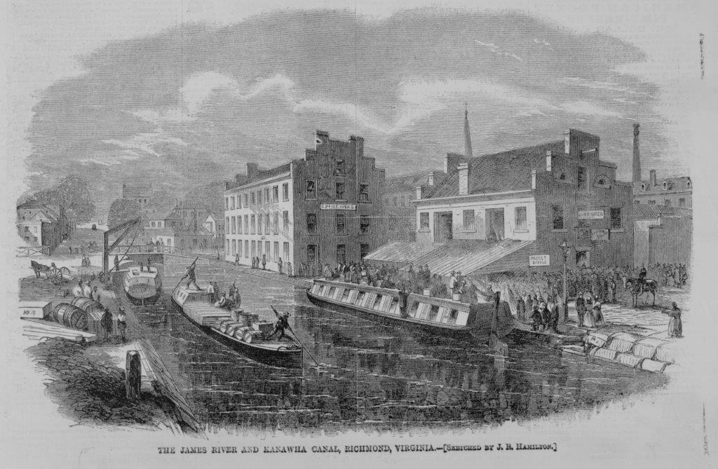 Canal boats on the James River and Kanawha Canal even had cabins for passengers making the journey. Sketch by J.R. Hamilton, published in Harper’s Weekly. (Library of Congress)