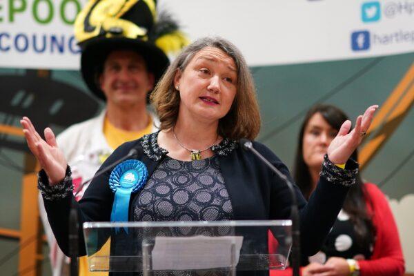 Conservative Party candidate Jill Mortimer speaks after she was declared the winner in the Hartlepool Parliamentary By-election at Mill House Leisure Centre, in Hartlepool, England, on May 7, 2021. (Ian Forsyth/Getty Images)