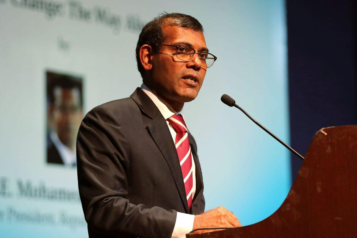 In this Feb. 14, 2019, file photo, former Maldives President Mohamed Nasheed delivers a lecture on climate change in New Delhi, India. Nasheed has been injured in a blast Thursday, May 6, 2021 near his home and was being treated in a hospital in the capital, police said. (Manish Swarup/AP Photo File)