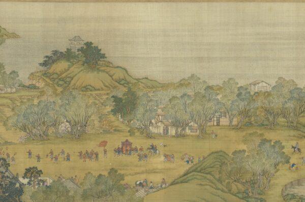 The Qing Dynasty version of “Up the River During Qingming,” a handscroll painting depicting a groom going to the bride's home to escort her to their wedding. (Courtesy of the National Palace Museum)