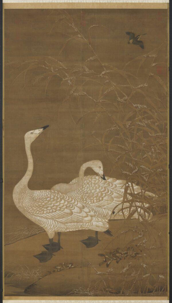 A pair of geese take shelter among reeds during adverse weather. During the end of the Song Dynasty, this kind of painting symbolized the couple who suffered together and still loved each other. (Courtesy of the National Palace Museum)