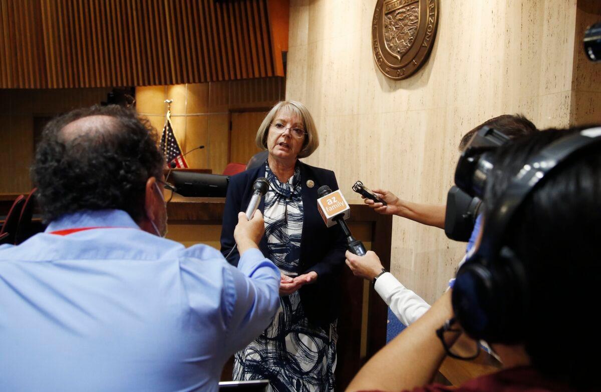 Arizona Senate President Karen Fann talks to reporters in Phoenix, Ariz., on May 26, 2020. (Ross D. Franklin/AP Photo)