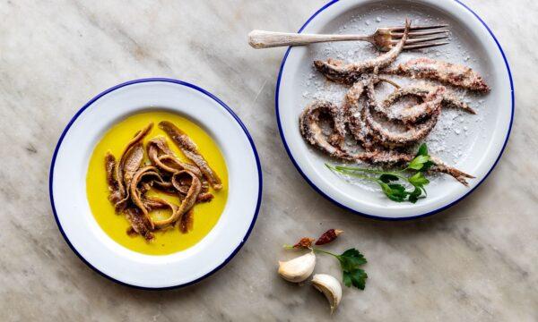Salt-packed anchovies (top) and oil-packed anchovies. (Giulia Scarpaleggia)