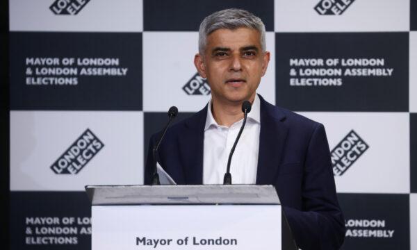 Mayor of London Sadiq Khan speaks after being re-elected in the London mayoral election, at the City Hall in London on May 8, 2021. (Henry Nicholls/Reuters)