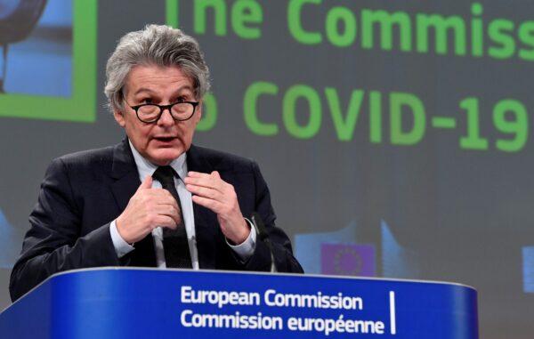 Thierry Breton, EU commissioner for internal market and consumer protection, industry, research and energy, speaks during a press conference at the EU headquarters in Brussels, Belgium, on Mar. 17, 2021. (John Thys/Pool via Reuters)